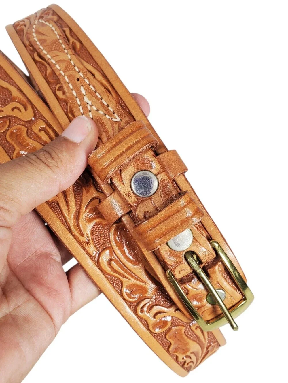 Vintage Looper Tooled Leaf Western Cowboy Style Adjustable Leather Belt Size 38